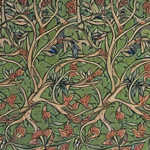 william morris wallpaper of tree of life motif. Stable Diffusion