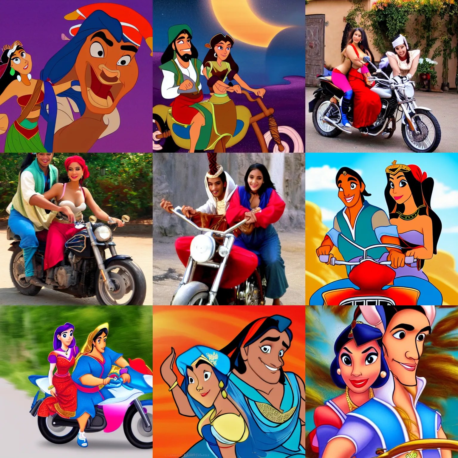 Jasmine and Aladdin riding on a motorbike Stable Diffusion OpenArt