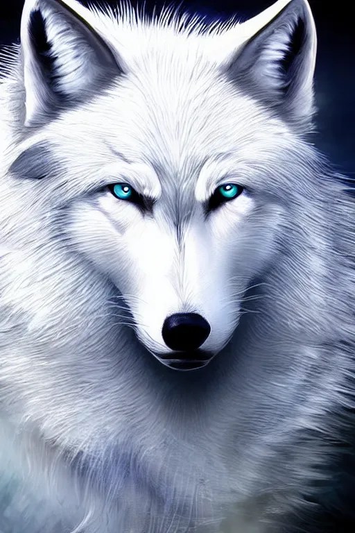 white wolf with blue eyes, highly detailed, artstation, Stable