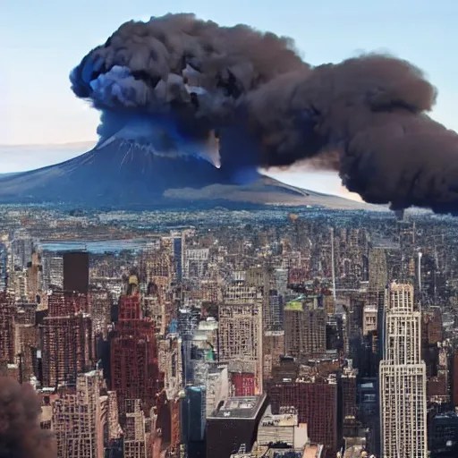 realistic drone view of volcano in new york city, fire Stable