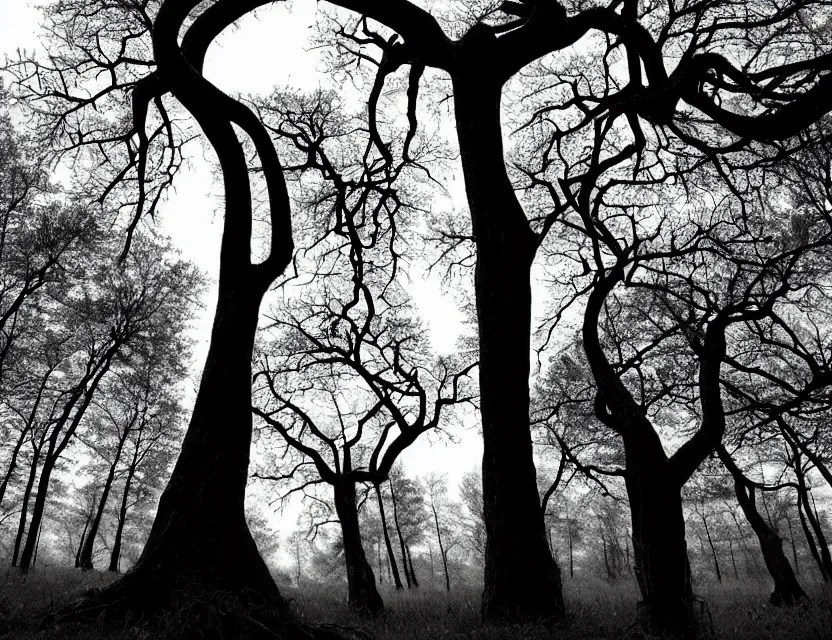 a bent tree in the spooky woods, in the style of tim Stable Diffusion