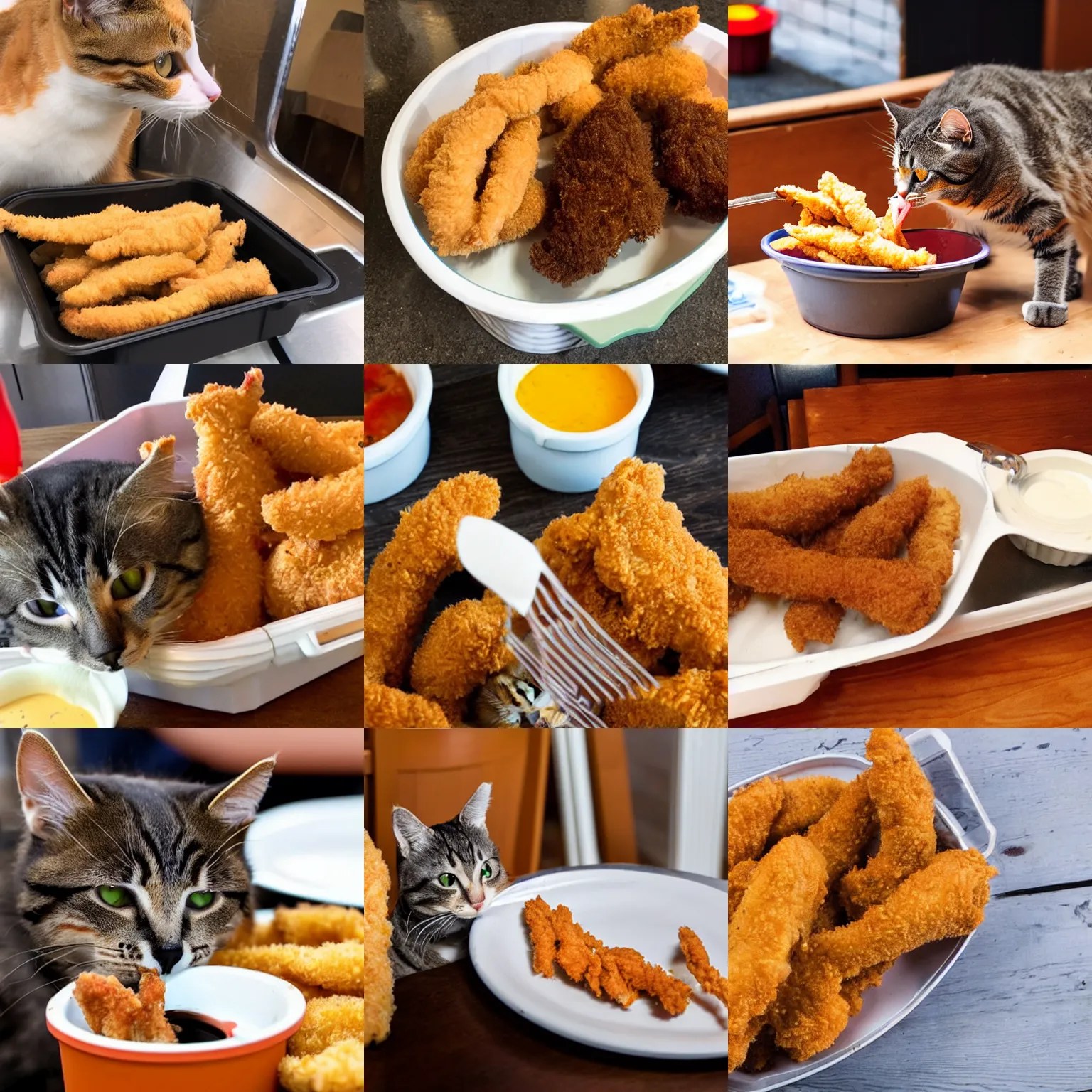 cat eating chicken tenders from chicken tenders bucket Stable Diffusion OpenArt