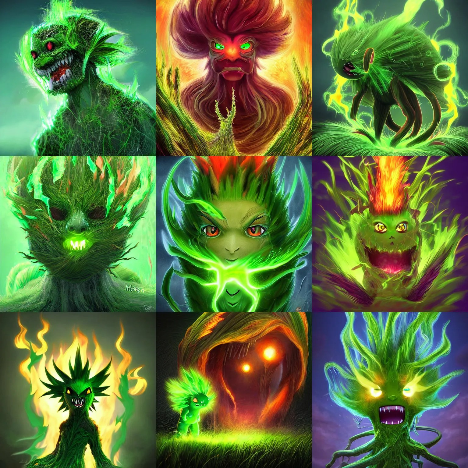 a scary grass type pokemon, green fire bursting out of Stable