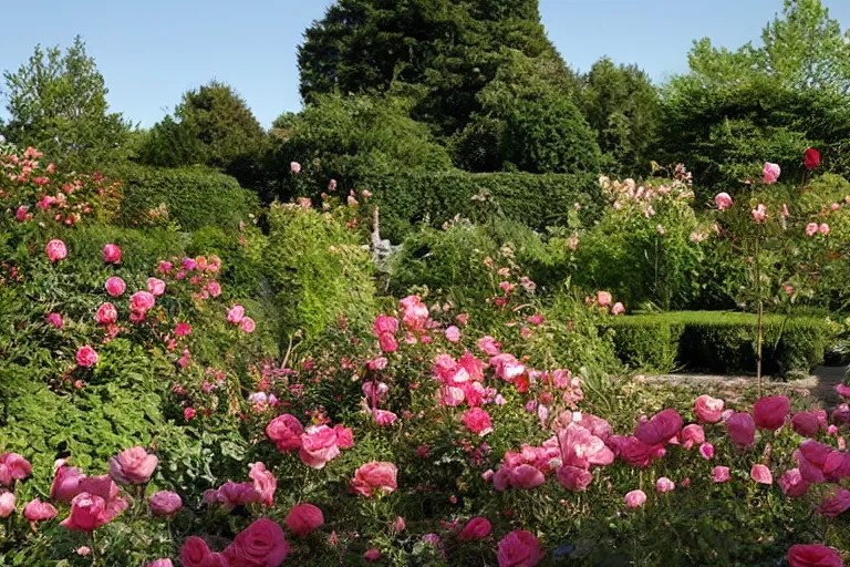 rose garden in the morning sun, garden design, award Stable Diffusion