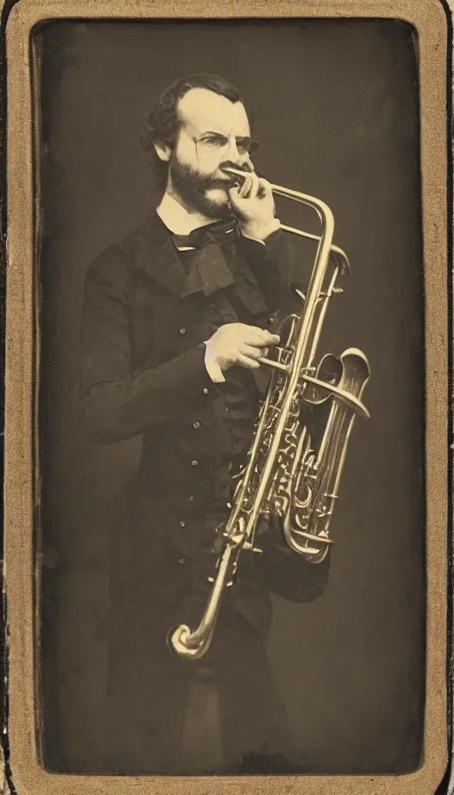 daguerreotype of angry trumpet man Douglas Levison, Stable Diffusion