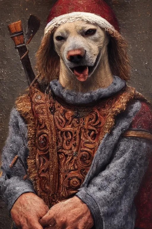 Slavic dog head man, woolen torso in medieval clothes, Stable