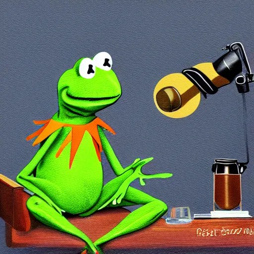 kermit the frog interviewing a real frog on a podcast, Stable