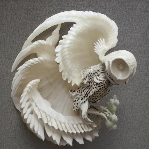 opalescent marble sculpture of owl skeleton, ivory Stable Diffusion