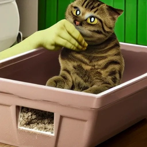 shrek poops in a cat litter box Stable Diffusion