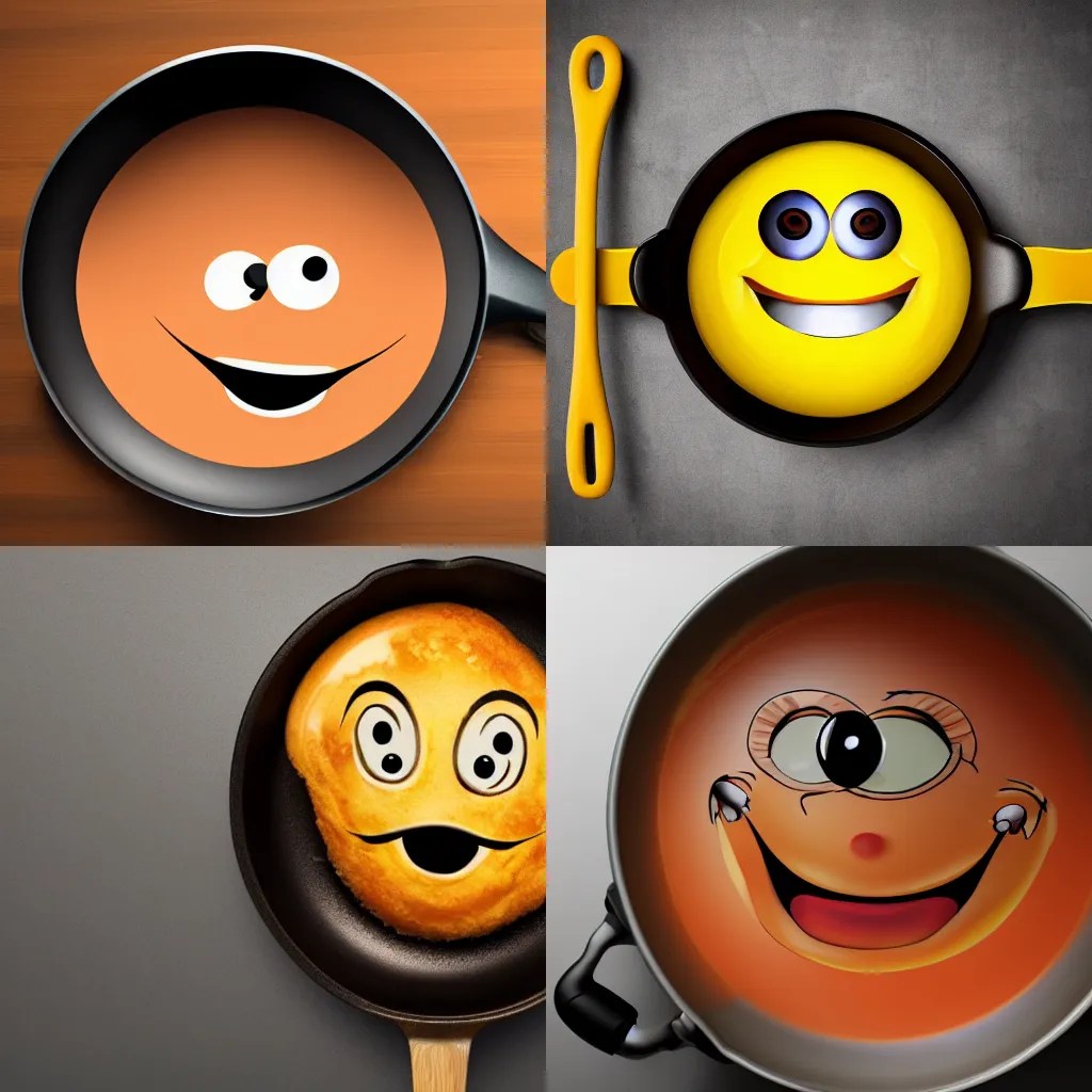 Frying pan with eyes, smiling, high quality, Stable Diffusion OpenArt