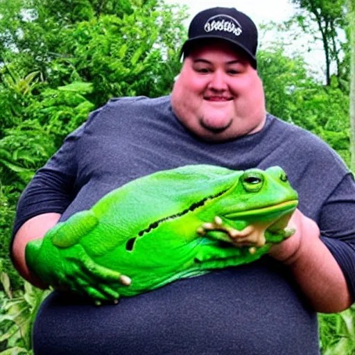 fat man holding worlds largest fat frog which is Stable Diffusion