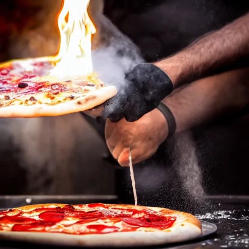 Closeup action photo showing a spinning pizza dough Stable Diffusion