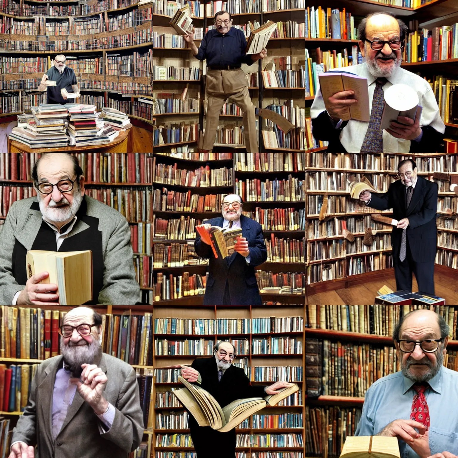 umberto eco juggling books at louis library of Stable Diffusion OpenArt
