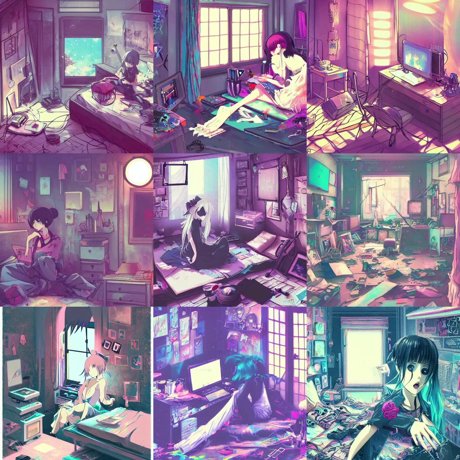 digital art pastel goth aesthetic, messy room, high Stable Diffusion