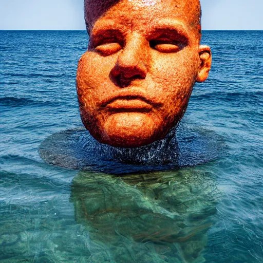 a giant human head sculpture in the sea made out of Stable Diffusion