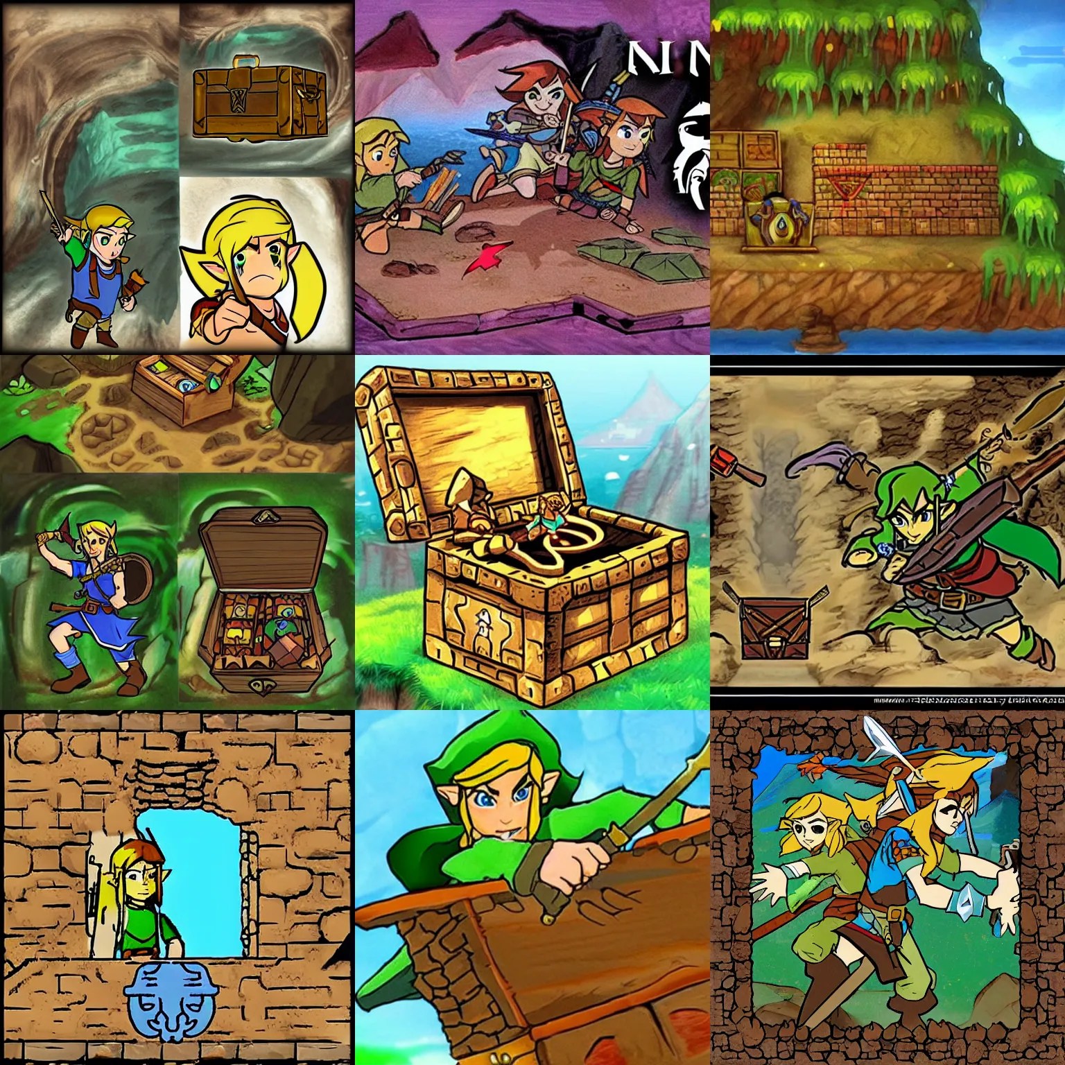 link opening treasure chest in a cave, legend of Stable Diffusion