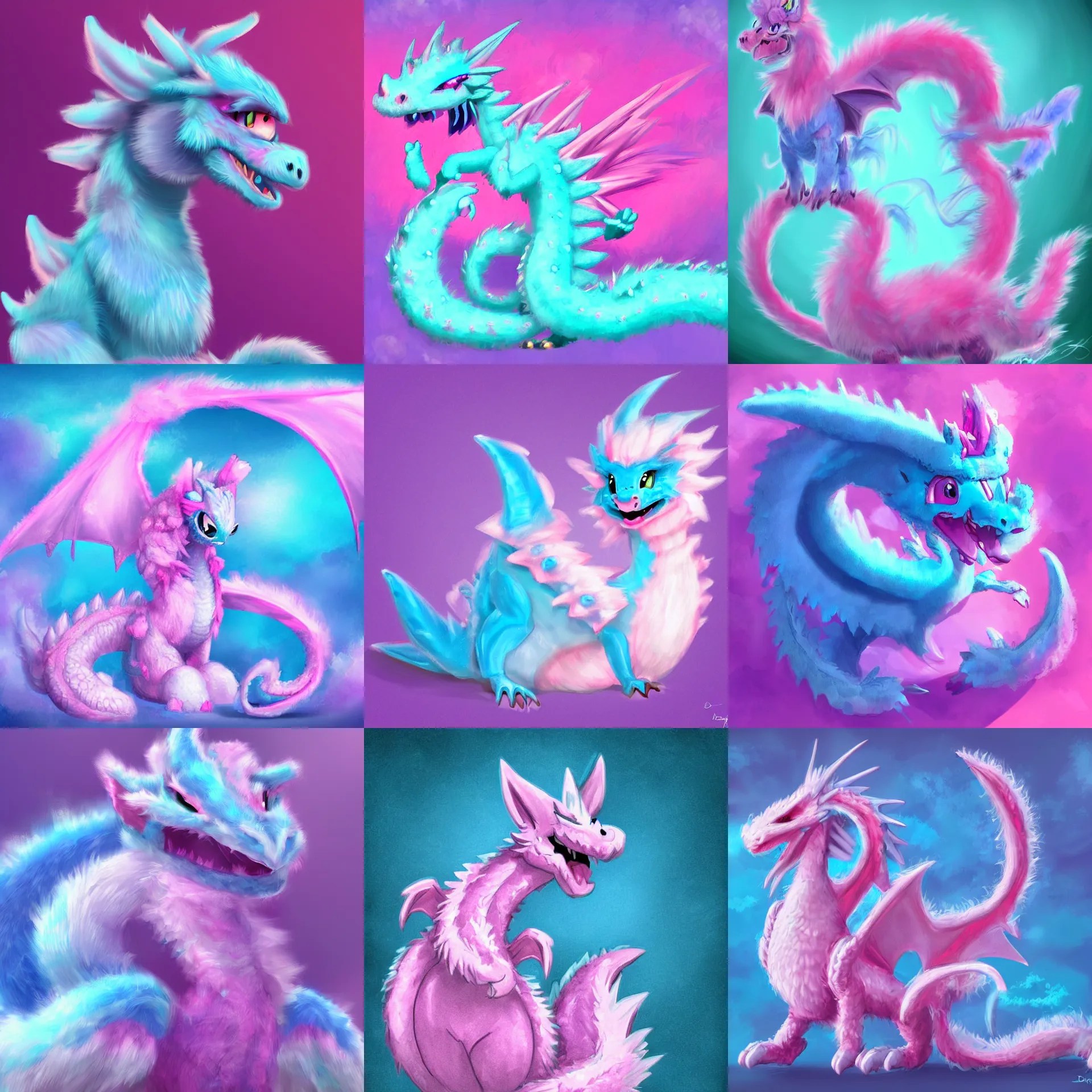 a cute pink and blue fluffy dragon, golden hour, Stable Diffusion