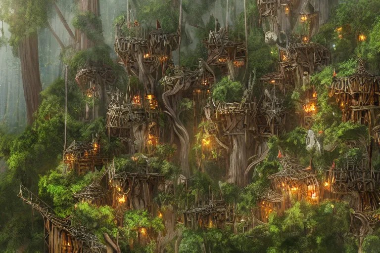 a wood elf village suspended high up in the redwood Stable Diffusion