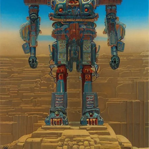 elaborate mayan art deco mecha in mesa landscape by j. Stable
