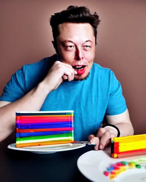 a man eating crayons with a fork, box of wax pastels, Stable