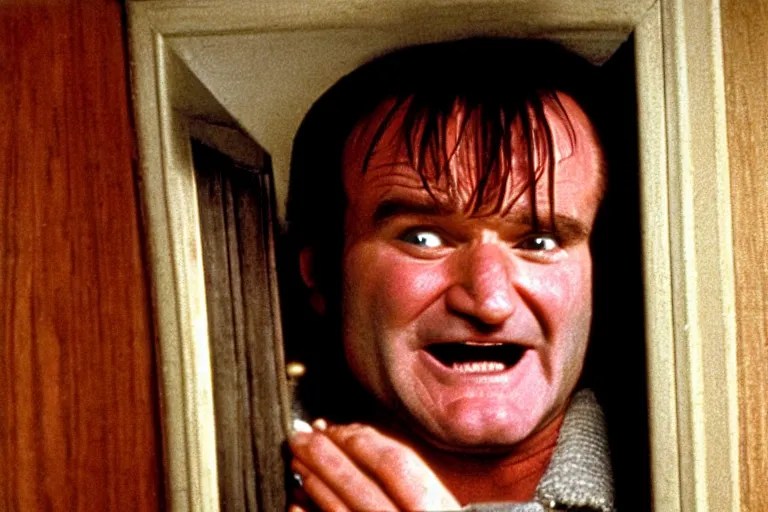 Robin Williams as Jack Torrance peaking through hole Stable Diffusion