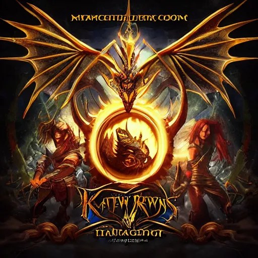 power metal album cover, preved, dragons, magic, Stable Diffusion