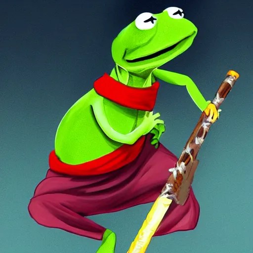 Kermit the Frog in a ninja outfit with two samurai Stable Diffusion