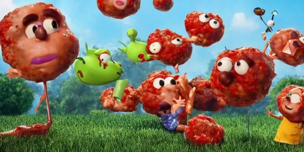 a cgi film render of a the movie raining meatballs 2 Stable Diffusion