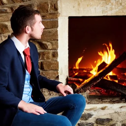 man in a waistcoat staring at a log fire jelious Stable Diffusion