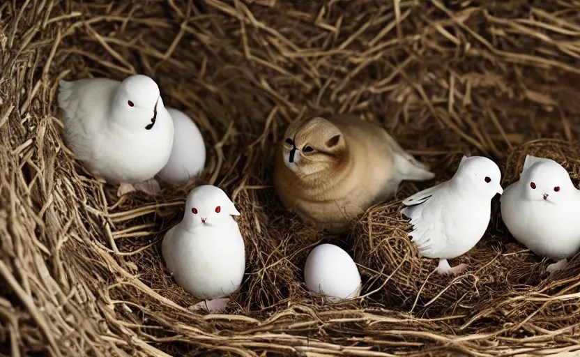 A dove and an exotic shorthair cat guarding their eggs Stable
