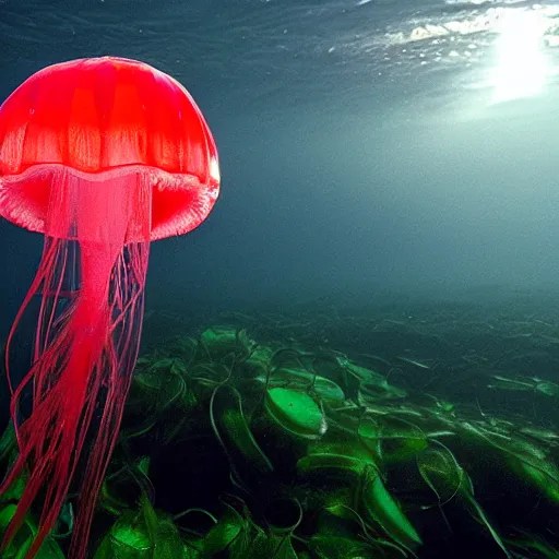 a beautiful translucent red cellophane jellyfish in a Stable
