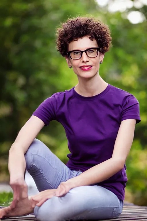 tall slim 40 year old woman sitting, short brown curly Stable