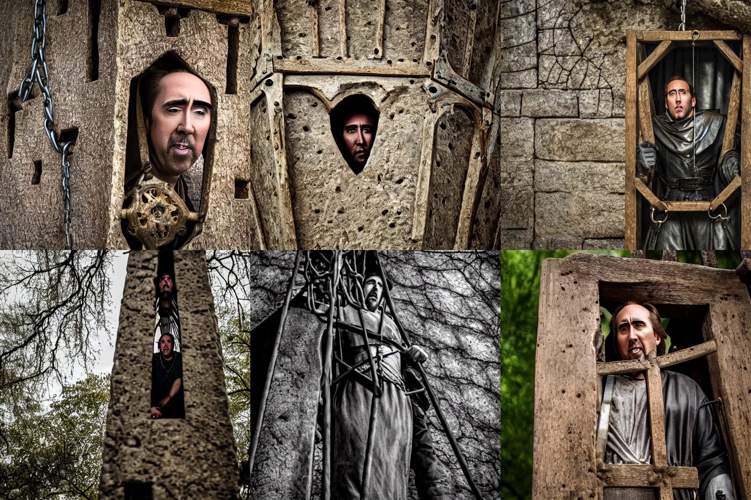 Nicholas Cage imprisoned inside a medieval gibbetcage Stable