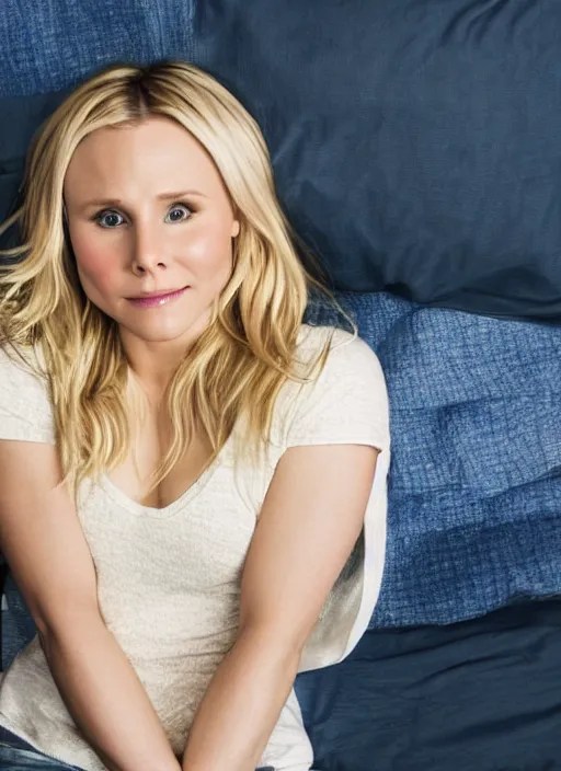 kristen bell on my bed looking at me, through my eyes, Stable Diffusion