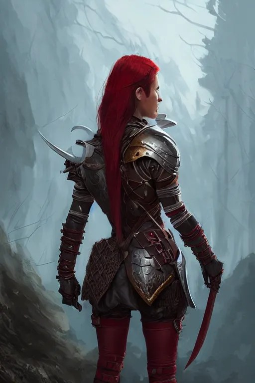 Female hunter, dnd, d&d, red leather armor, looking Stable Diffusion