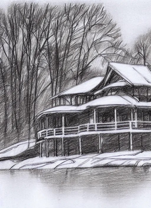 a lake house in winter, loose pencil sketch, sketchy, Stable