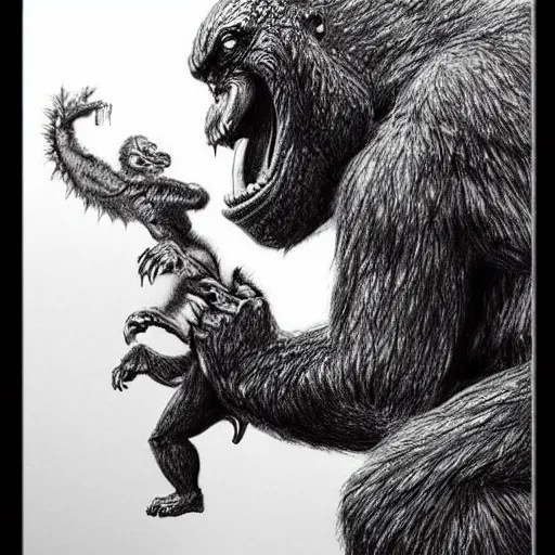 Godzilla Fighting King Kong, beautiful, pencil sketch, Stable Diffusion