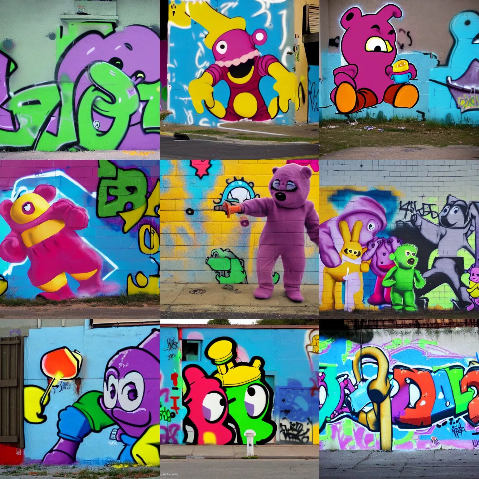 teletubby tagging graffiti in crip neighborhood. dusk. Stable