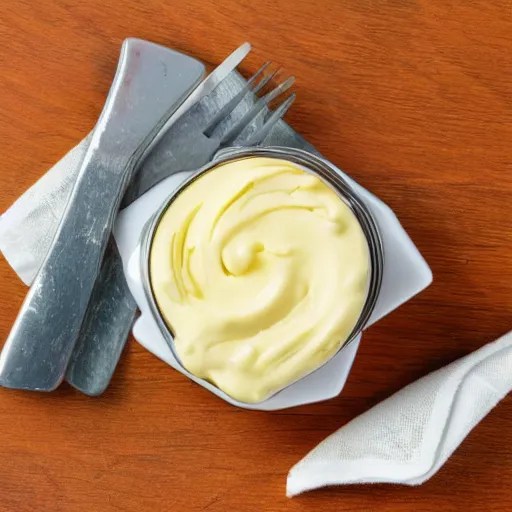 Opened can of mayonnaise, served on a plate, gourmet Stable Diffusion