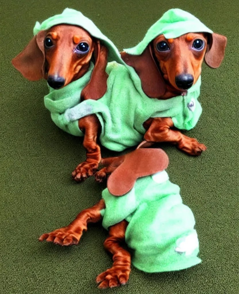 a dachshund dressed as Baby Yoda, Stable Diffusion OpenArt