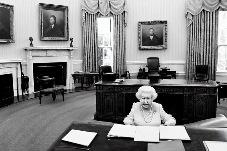Queen Elizabeth II sitting behind the Resolute Desk in Stable Diffusion