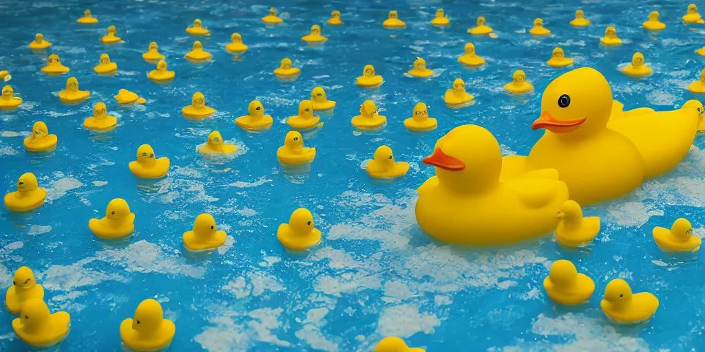 An Epic yellow rubber duck bathtub battle, realistic Stable Diffusion