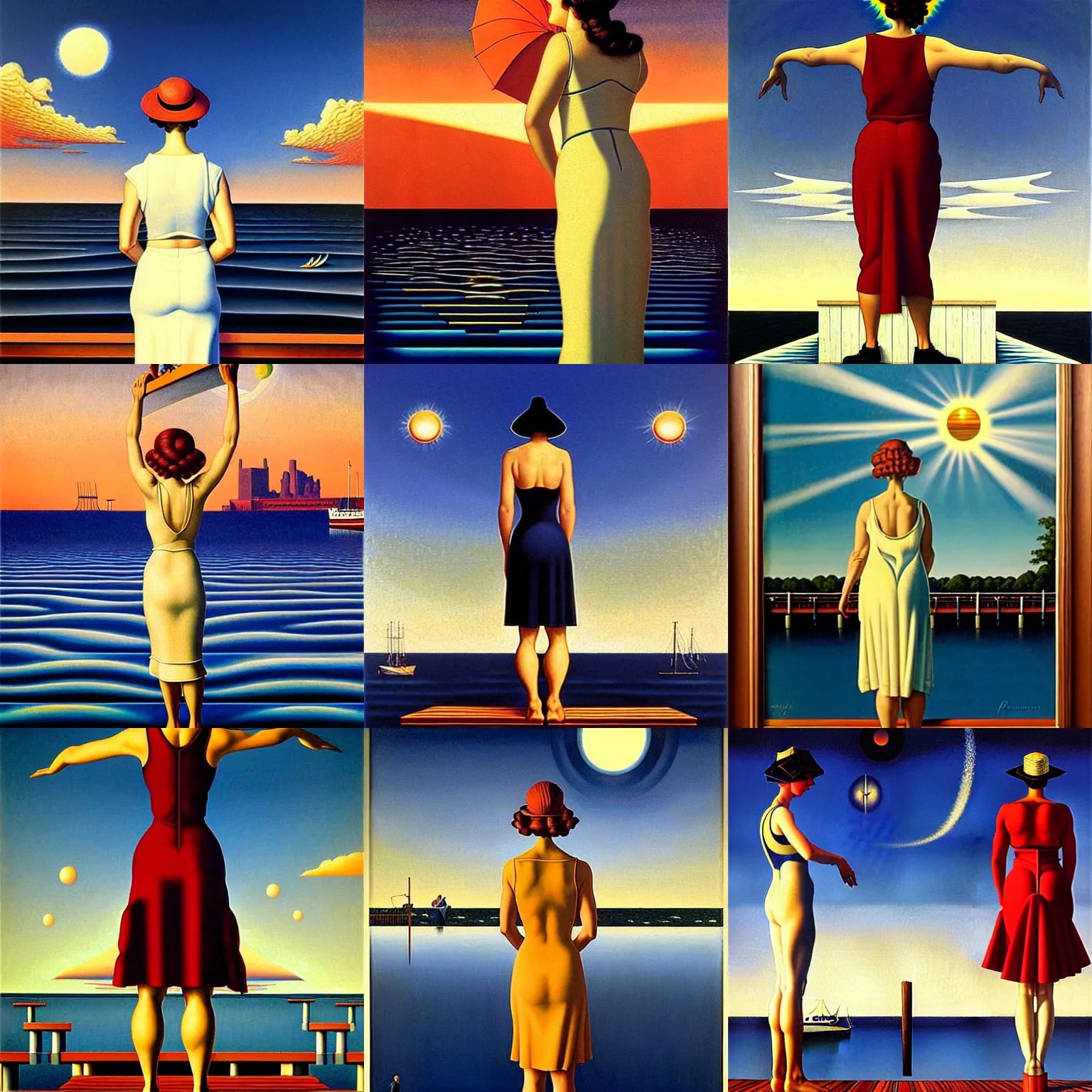 an art deco painting of a woman standing on a dock by Stable Diffusion OpenArt