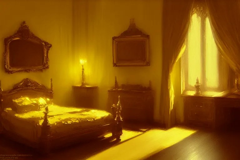 an ornate yellow victorian bedroom at night, 1 8 9 0, Stable Diffusion
