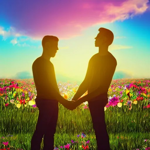 a gay couple holding hands in a field of flowers at Stable Diffusion