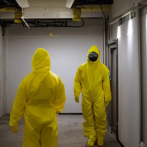 a man wearing a yellow hazmat suit inside the Stable Diffusion