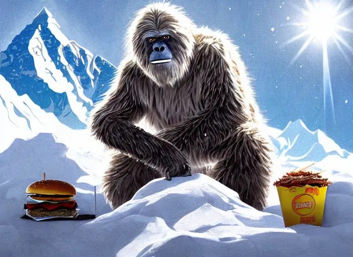 a yeti eating at a fast food restaurant on the peak of Stable