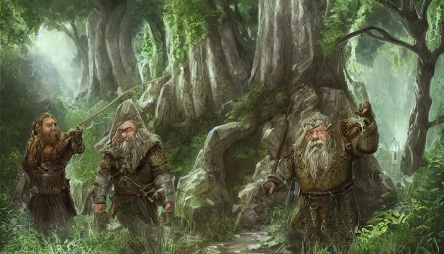 the dwarf gimli and the elf legolas in lothlorien, Stable Diffusion
