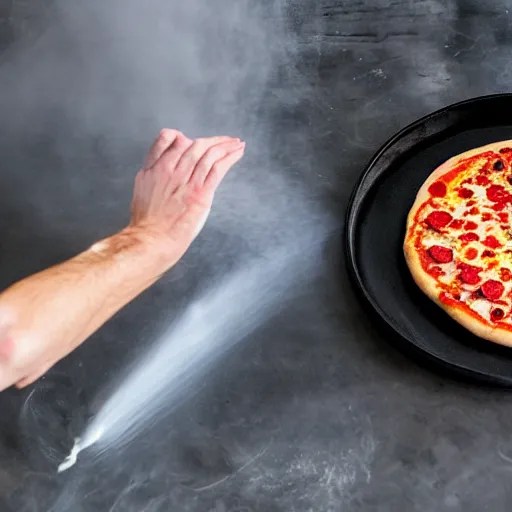 Closeup action photo showing a spinning pizza dough Stable Diffusion