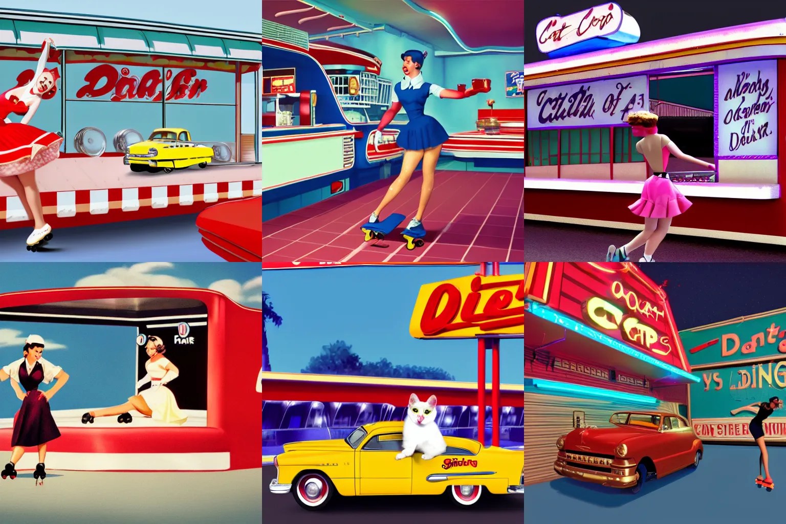 cat as a 1950s roller skating carhop at a drivein Stable Diffusion